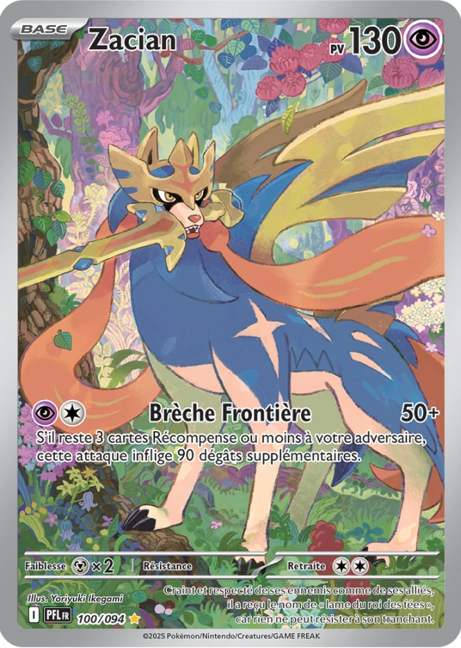 Carte Pokémon Zacian AR ultra-rare provenant de la série ME02 : Flammes Fantasmagoriques