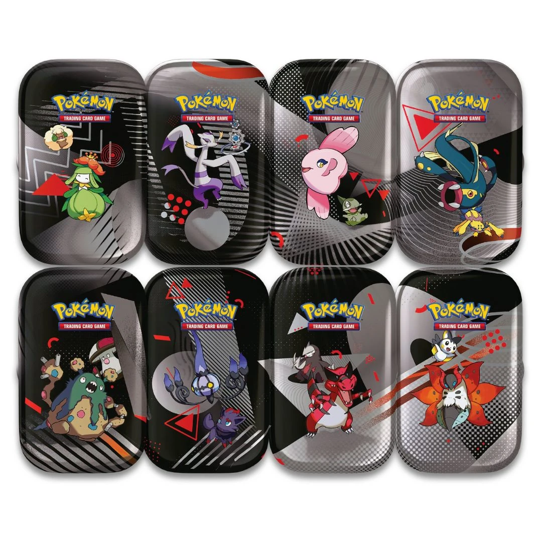 visuel des différentes mini tins de la série pokemon ev10.5 : foudre noire et flamme blanche