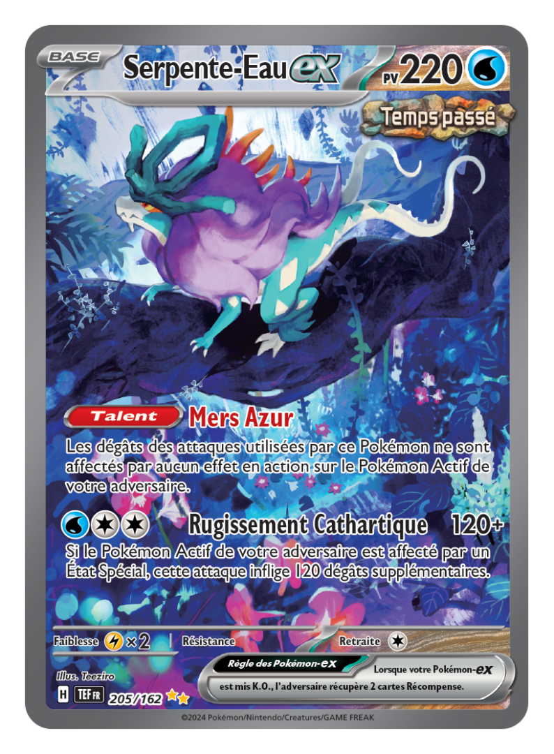 carte Pokémon SAR de la série EV5 Forces Temporelles représentant le Pokémon Serpente-Eau, forme Temps Passé du légendaire de deuxième génération Suicune.