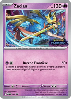 carte Pokémon Zacian promotionnelle stamp provenant des kits d'avant première de la série ME02 : Flammes Fantasmagoriques