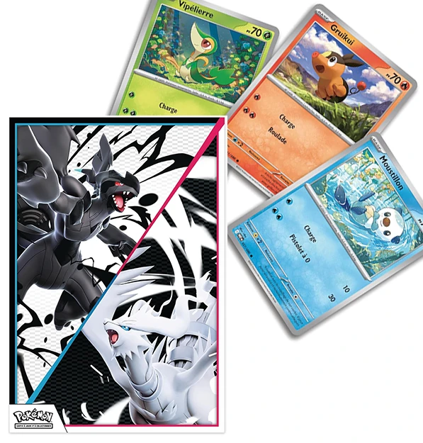 visuel du poser et des cartes promotionnelles provenant du coffret poster de la série pokémon ev10.5 : flamme blanche & foudre noire